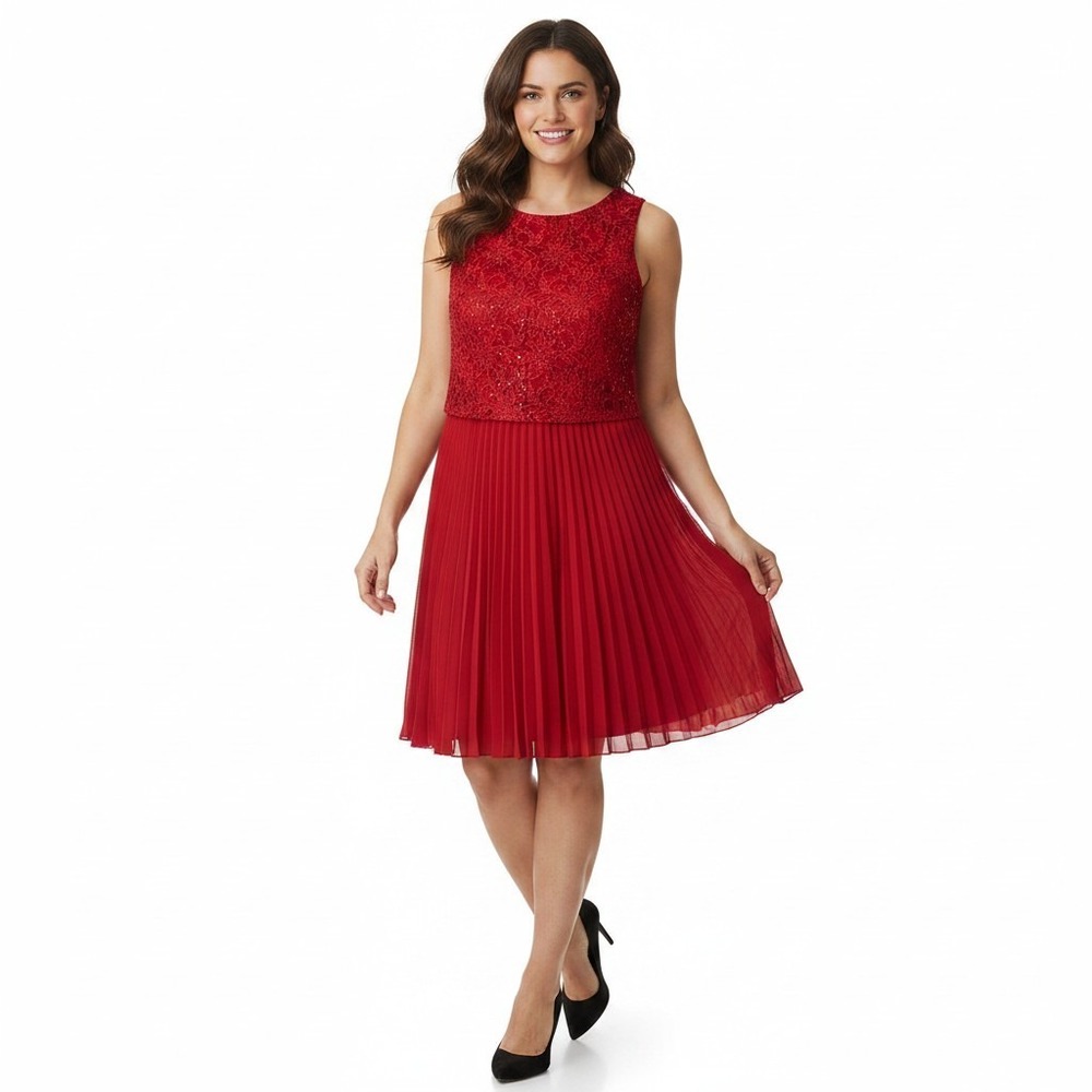 Red‎ Lace Sequin Cocktail Dress XL Pleated Holiday Party Romantic Christmas